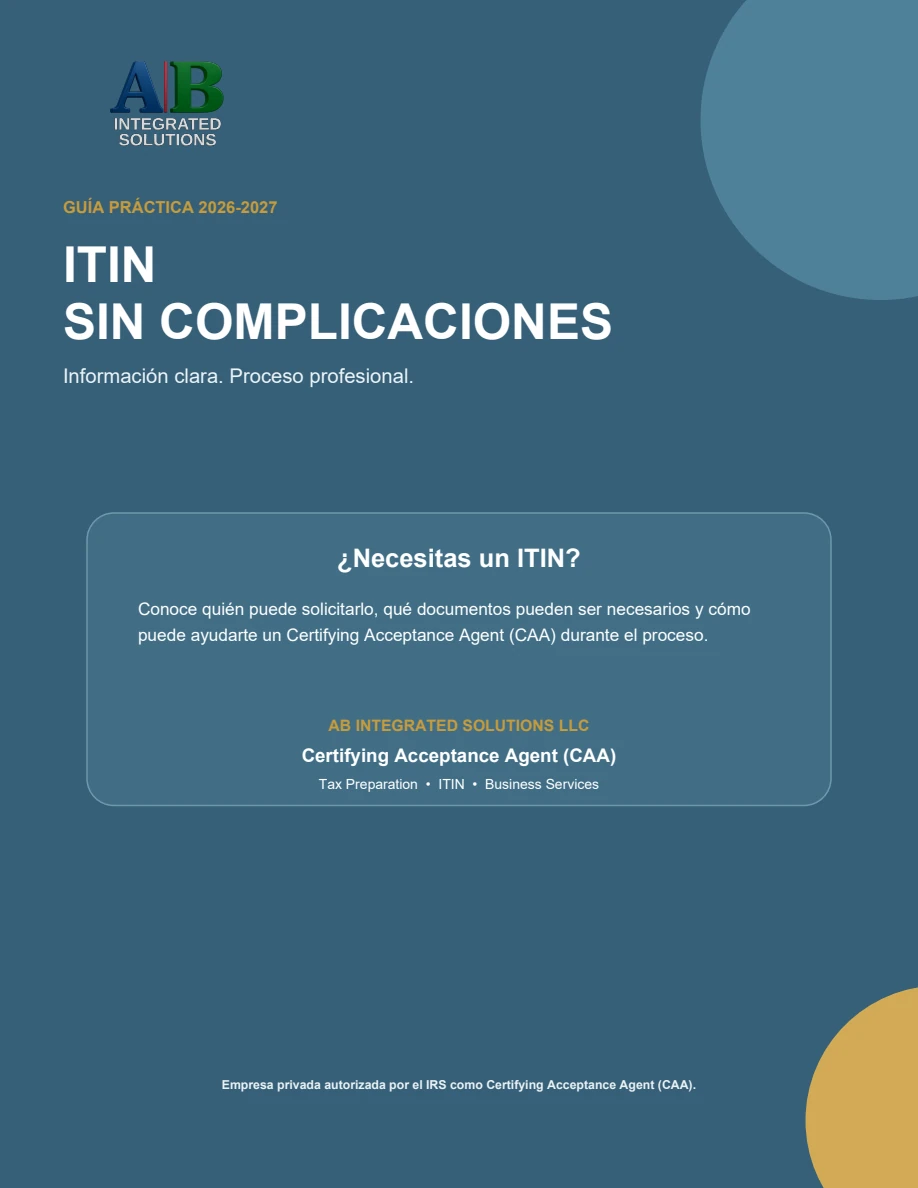 Portada de ITIN sin complicaciones, guía práctica 2026–2027 de AB Integrated Solutions